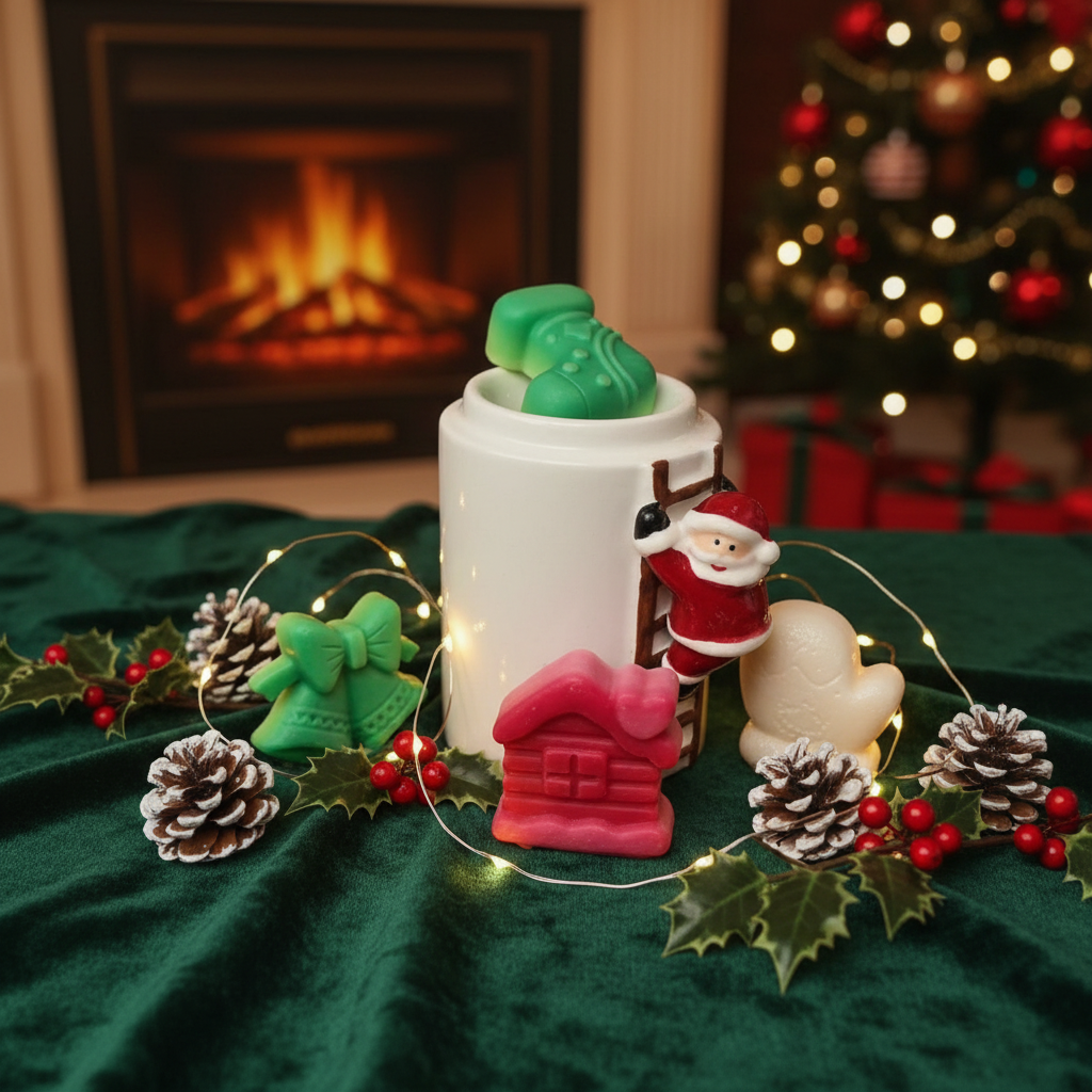 Christmas themed scented wax melts with festive designs for holiday fragrance