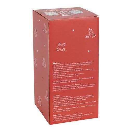 Red packaging box for Christmas Village Electric Aroma Lamp with festive holly design.