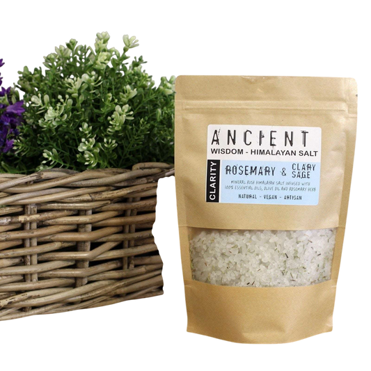 Clarity Himalayan Bath Salt in a kraft pouch with visible white salt crystals and Rosemary & Clary Sage label