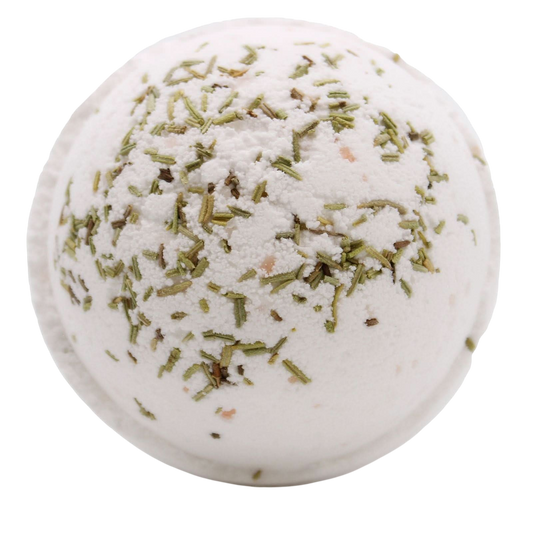 Clarity - Himalayan Salt Bath Bomb with white mineral salt base and scattered green herb flakes on surface for soothing bath