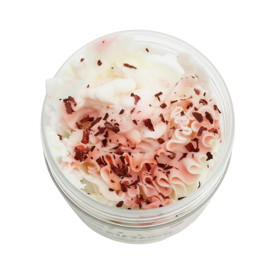 Coconut Whipped Soap in white and soft pink swirls, topped with delicate brown shavings in a clear jar