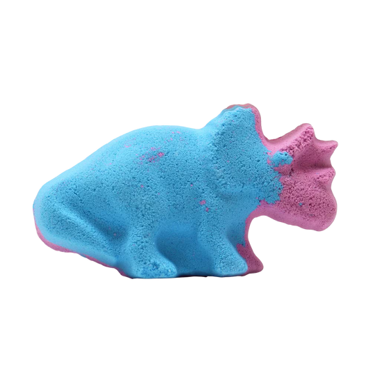 Dinosaur Bath bomb shaped as a blue and purple dinosaur, with a textured surface and detailed features