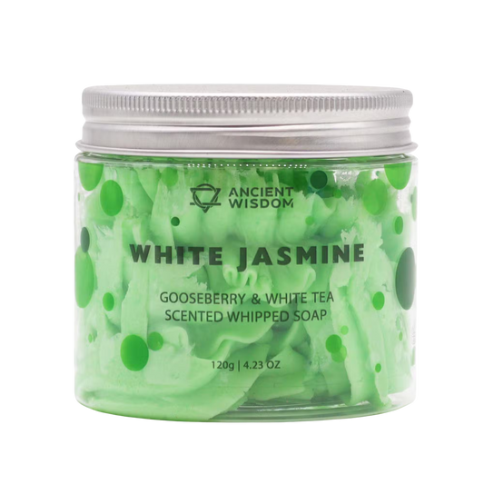 Jar of 'White Jasmine' scented whipped soap with green and white design on a white background
