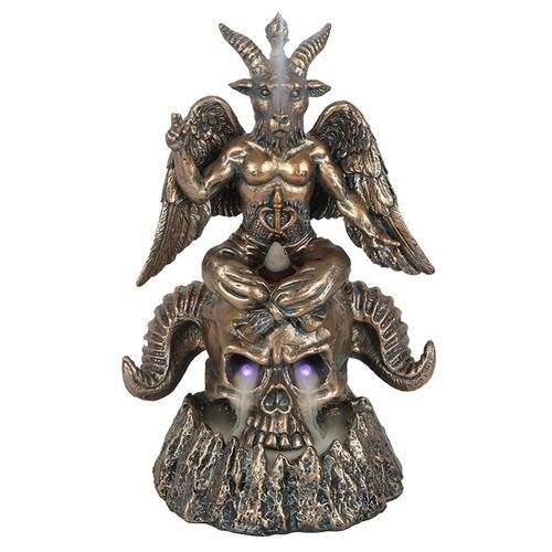 Gold Baphomet LED backflow incense burner with mystical smoke effect and elegant design.