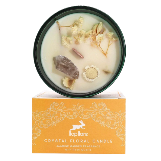 Hop Hare Crystal Magic Flower Candle - The Lion with rock quartz and jasmine fragrance
