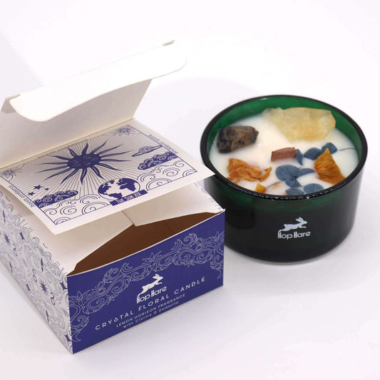 Hop Hare Crystal Magic Flower Candle The Sun with dried flowers and gemstones