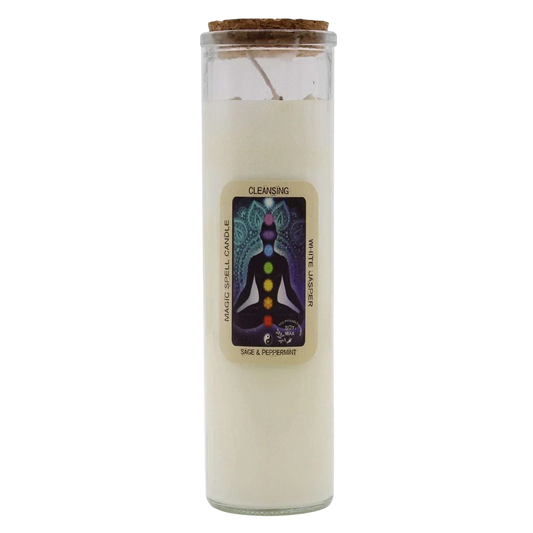 Magic spell Candle - cleansing soy wax with white jasper gemstones and sage peppermint scent