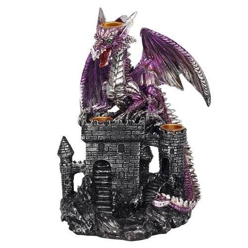 Purple dragon incense burner on castle base with flowing smoke effect.