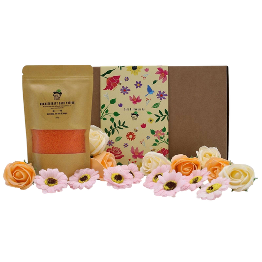 Salt Soak Set - Total Detox with natural orange salts, floral gift box, kraft packaging, and decorative flowers