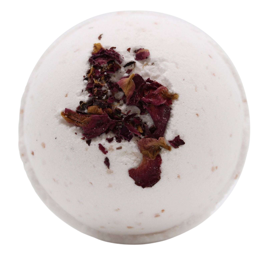 Sensual Himalayan Salt Bath Bomb, white round bath bomb topped with dried red and brown flower petals