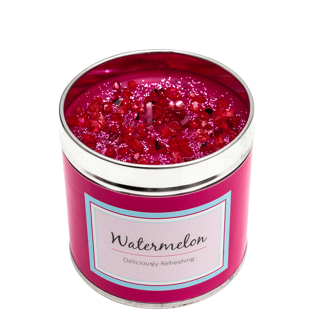 Watermelon Scented Candle with shimmering toppings in a pink tin.