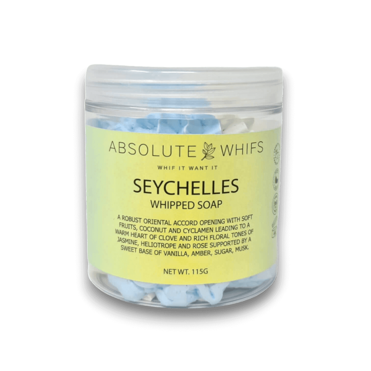 Luxurious Seychelles whipped soap with foaming texture and Oriental clove floral scent