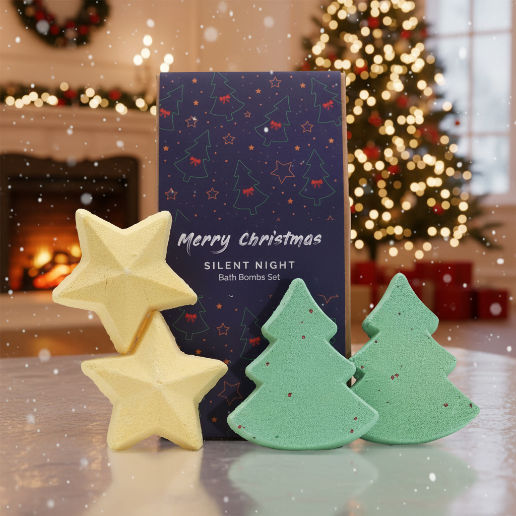 Silent Night Christmas Bath Bomb Gift Pack featuring yellow star-shaped and green Christmas tree-shaped bath bombs with festive packaging