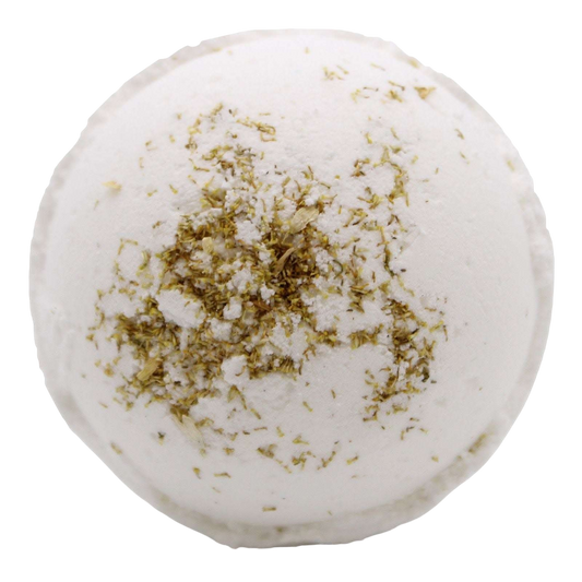 Skin Revive Himalayan Salt Bath Bomb, white round bath bomb with dried green herb pieces scattered across the surface