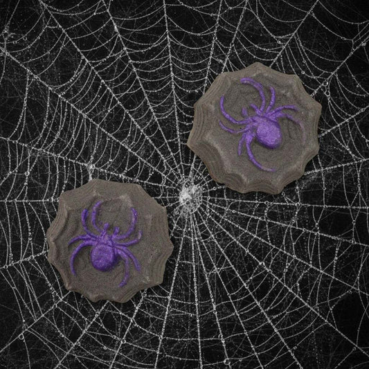Spider Halloween bath bomb with web design and dark fizz effect