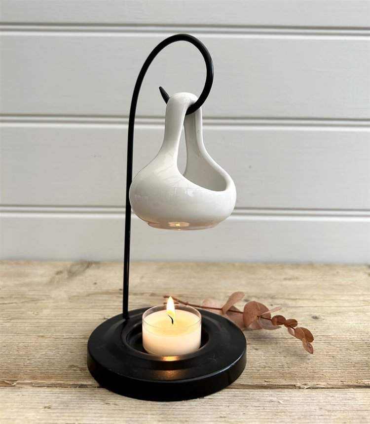 beautiful 2-piece hanging tear-shaped ceramic burner with metal stand in white, ideal for home décor.