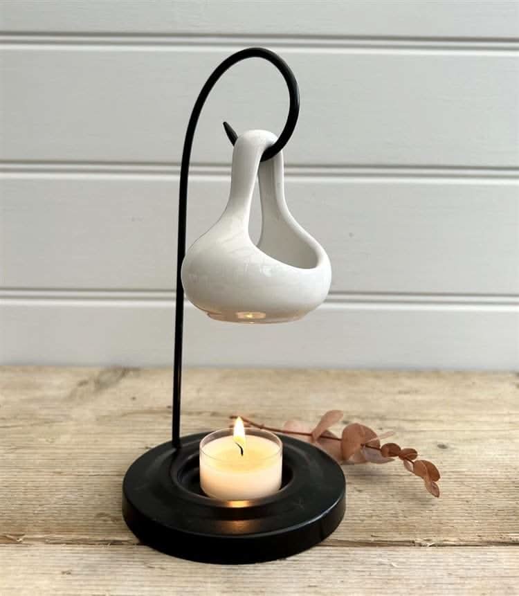 beautiful 2-piece hanging tear-shaped ceramic burner with metal stand in white, ideal for home dΓ©cor.