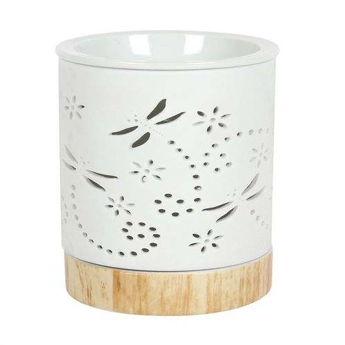 Dragonfly matte ceramic oil burner with wood-effect base.