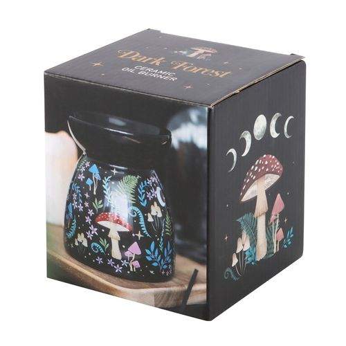 Black oil burner with dark forest design, featuring colorful flora and fauna illustrations.
