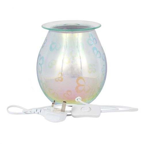 3D flower petal electric oil burner with glass dish and power cord.