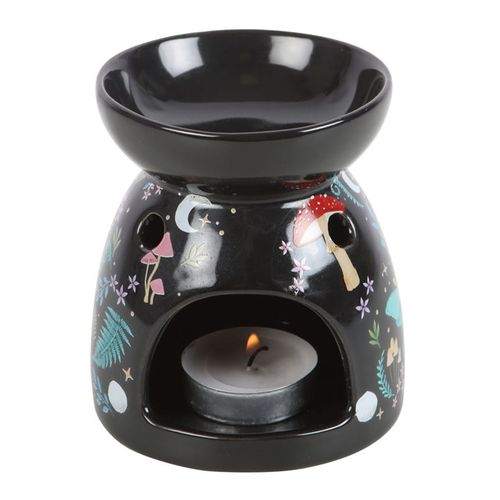 Black oil burner with dark forest design and colorful flora and fauna illustrations.