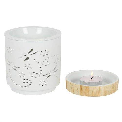 Dragonfly matte ceramic oil burner with wood-effect base.