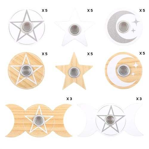 Set of 36 mixed white and natural candle holders with moon, star, and pentagram designs.