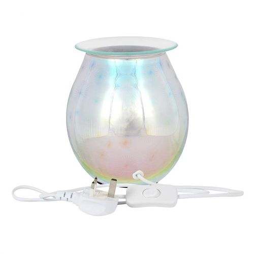 3D starburst electric oil burner with colorful lights and glass dish.
