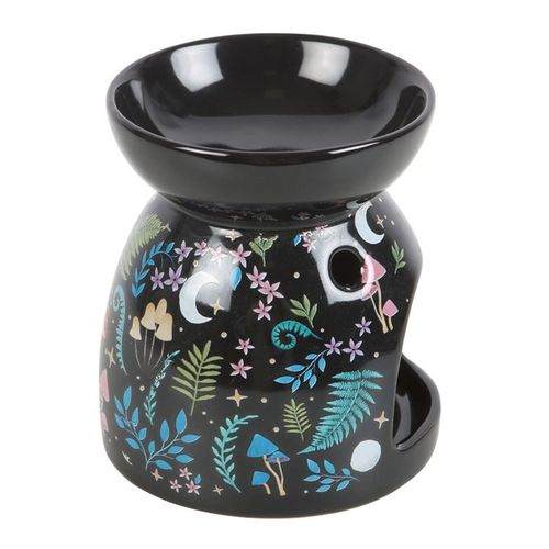 Dark forest print oil burner with colorful flora and fauna design.