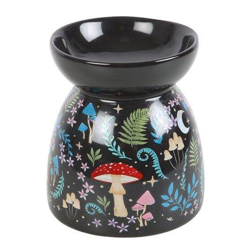 Black oil burner with dark forest design featuring colorful flora and fauna illustrations.