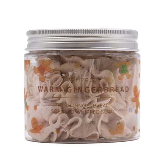 Warm Gingerbread Whipped Soap 120g jar with glitter and cozy gingerbread scent