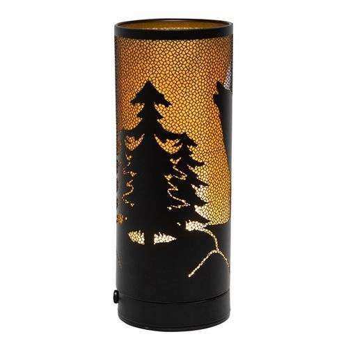 Wolf Song Aroma Lamp by Lisa Parker with howling wolf silhouette and moon against illuminated orange background.