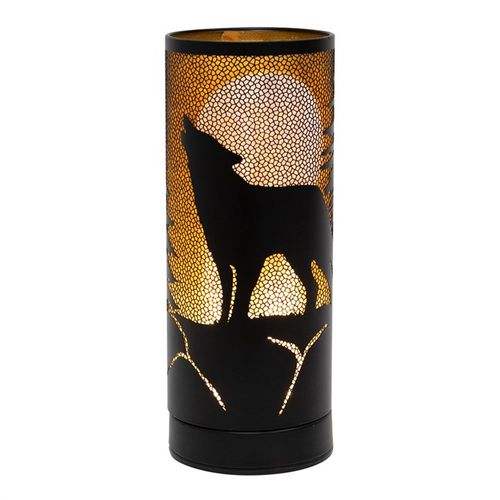 Aroma lamp featuring Lisa Parker's 'Wolf Song' artwork with a howling wolf silhouette against an illuminated orange background.