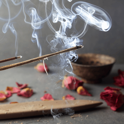 Incense sticks smoking away with red rose petals in the background