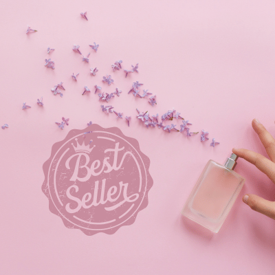 Best seller image with a product spraying flowers on a pink background