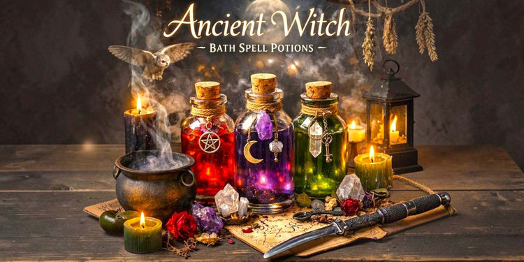 Ancient witch bath spell potions with mystical botanicals and crystals