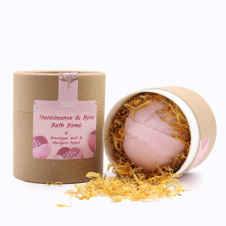 aromatherapy bath bomb sets with Himalayan salt and flower petals in eco-friendly packaging