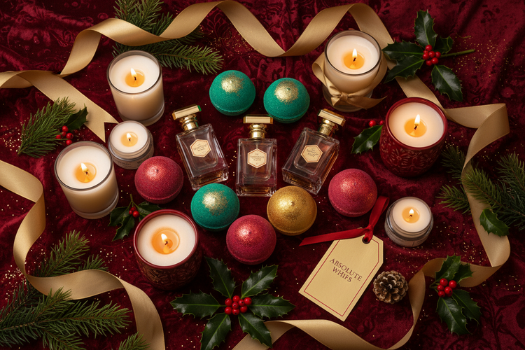 Christmas pampering products collection with festive soaps, bath bombs, sprays, and oils