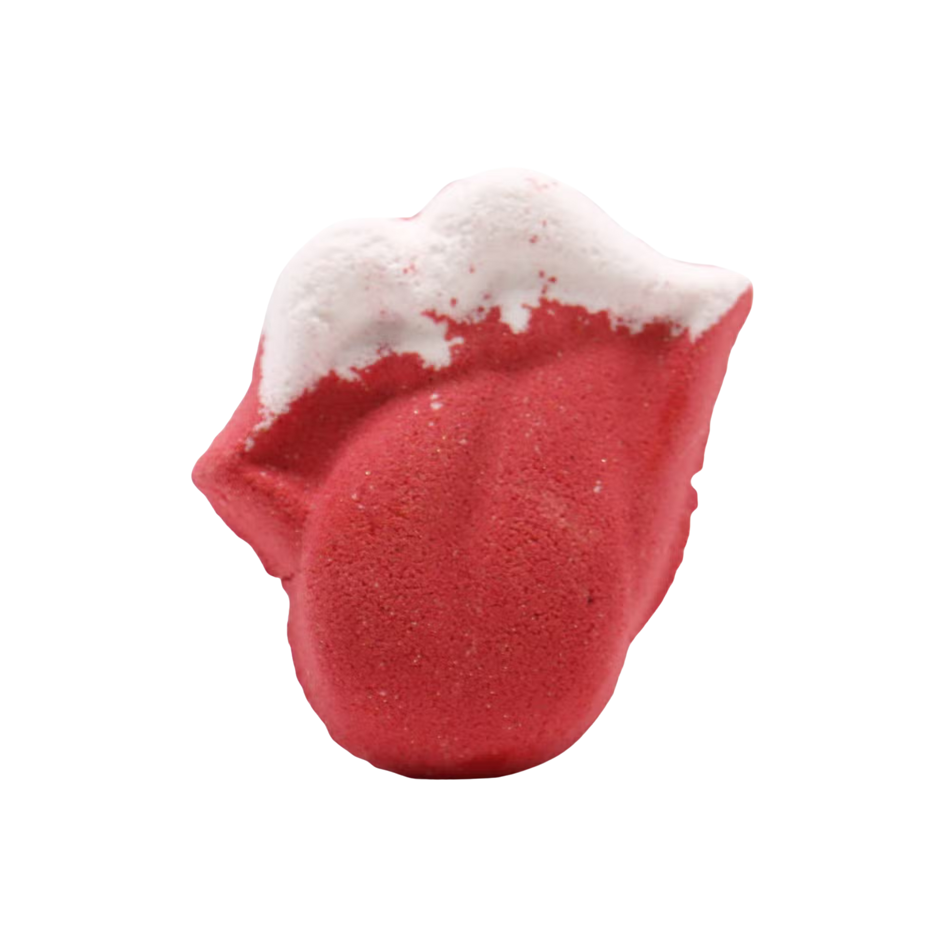 Red and white Lips Bath bomb shaped like lips with tongue, infused with raspberry and pomegranate scent, 60g.