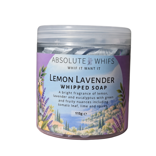 Absolute Whifs Lemon Lavender whipped soap in a clear 115g jar with a decorative label featuring lavender and lemon.