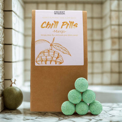 Chill Pills Gift Pack 350g mango-scented bath fizzies with handmade, vegan-friendly, cruelty-free formula in eco packaging