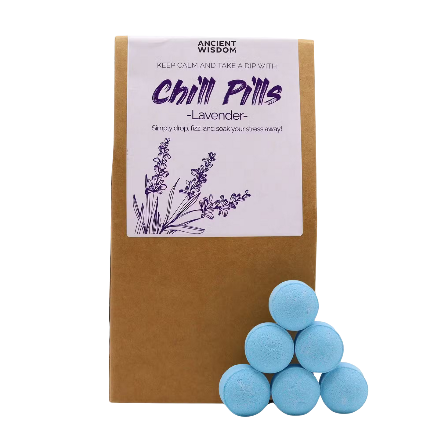 Chill Pills Gift Pack lavender scented bath bombs in eco-friendly packaging with calming floral design