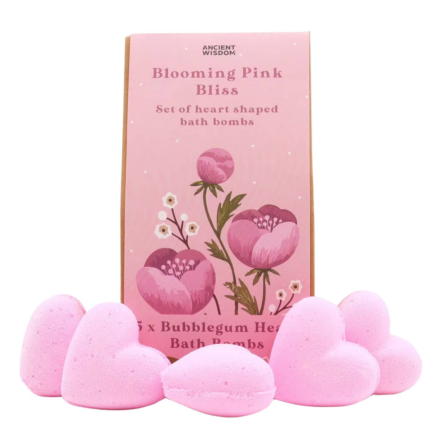 Blooming Pink Bliss heart-shaped bath bombs gift set in decorative box with bubble gum scent