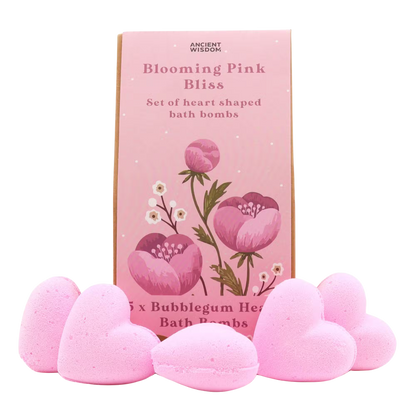 Blooming Pink Bliss heart-shaped bath bombs gift set in decorative box with bubble gum scent
