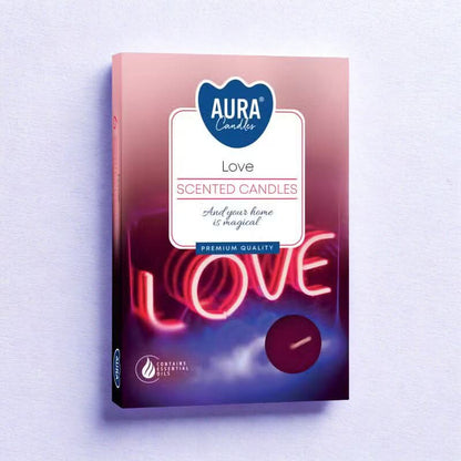 Love Set of 6 Scented Tealights in pink-purple box by Aura Candles