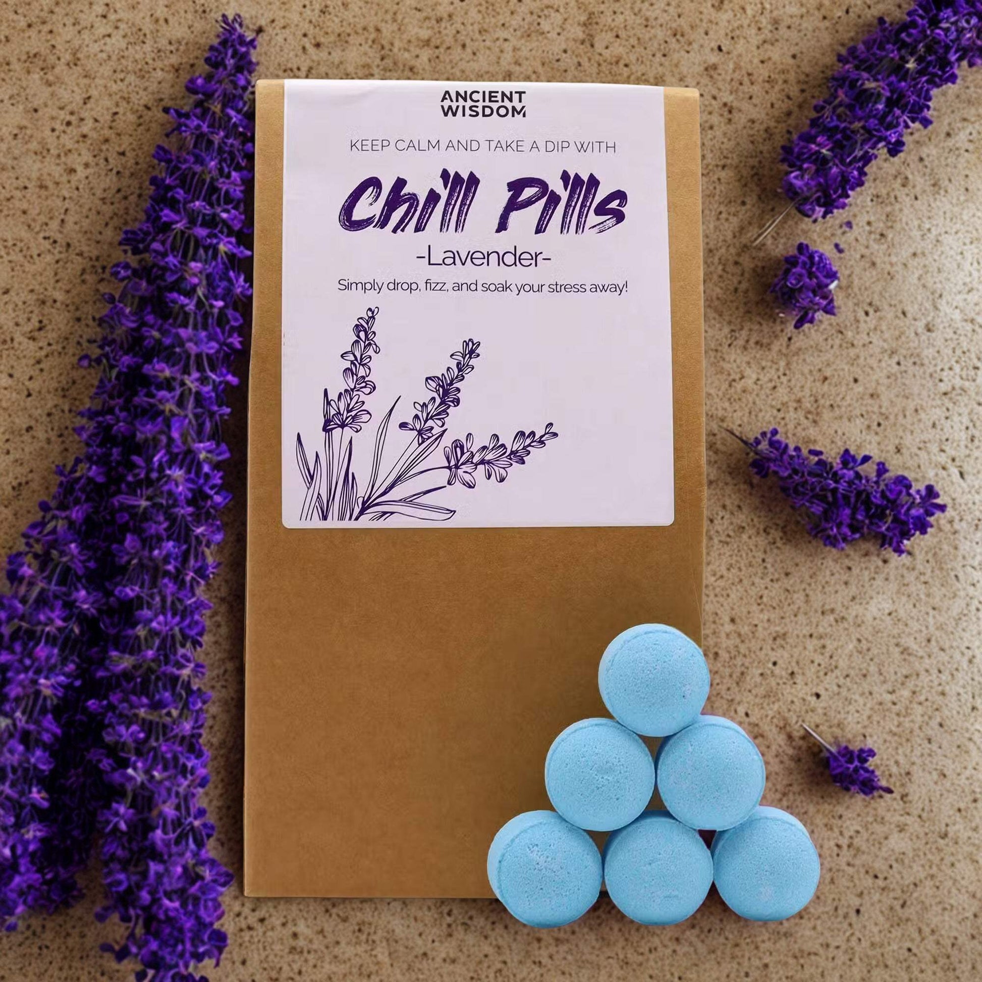 Chill Pills Gift Pack 350g lavender bath bombs with floral packaging and fresh lavender sprigs