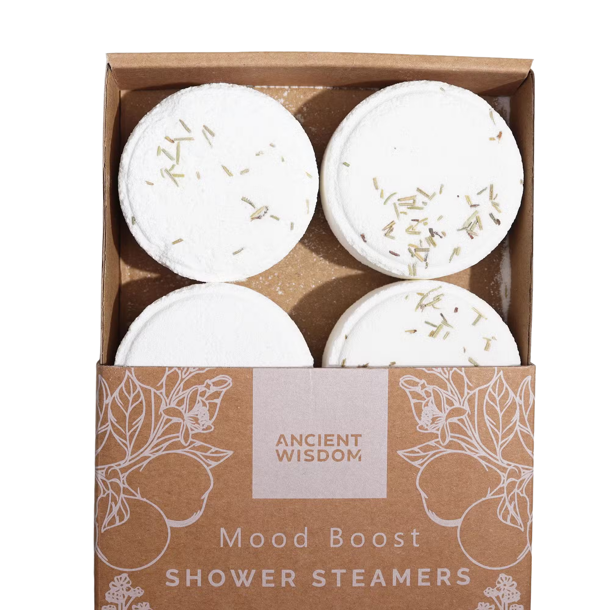 Zen Shower Steamers Mood Boost gift set with natural essential oils and rosemary seeds in eco-friendly packaging