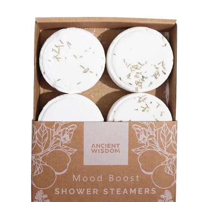 Zen Shower Steamers Mood Boost gift set with natural essential oils and rosemary seeds in eco-friendly packaging