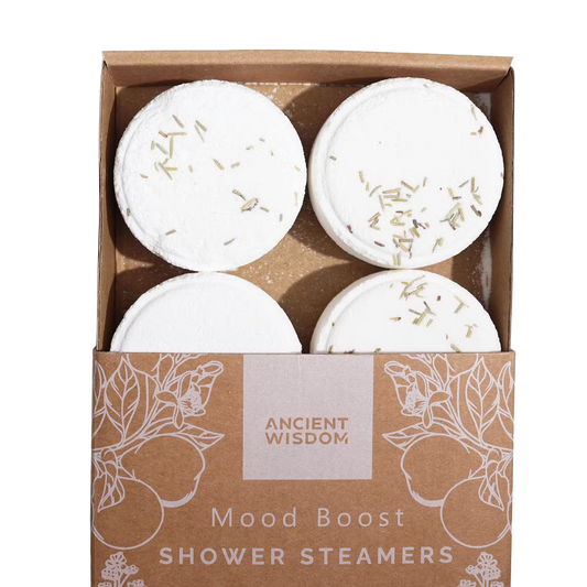 Zen Shower Steamers Mood Boost gift set with natural essential oils and rosemary seeds in eco-friendly packaging