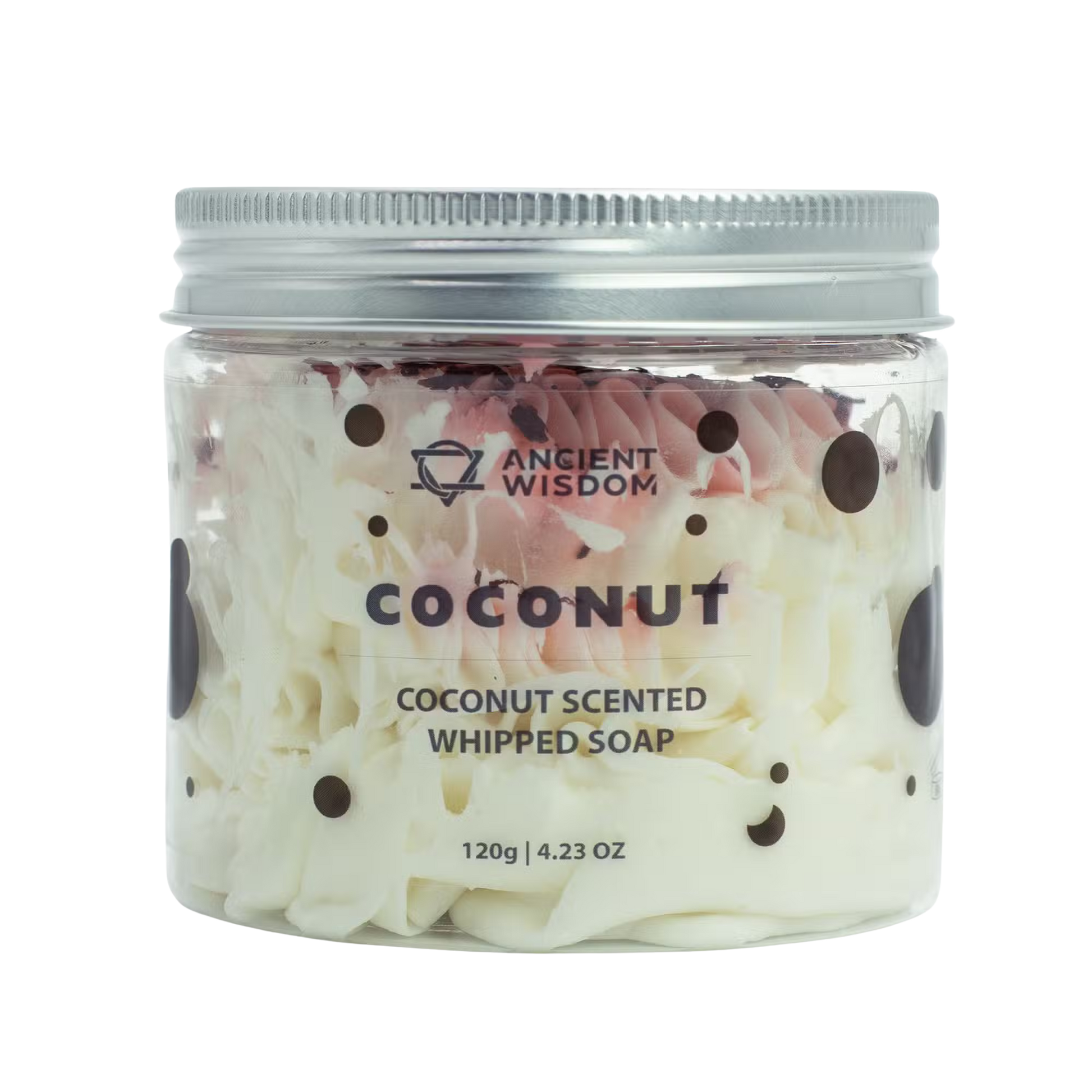Jar of Ancient Wisdom Coconut Whipped Soap 120g with white and pink creamy texture